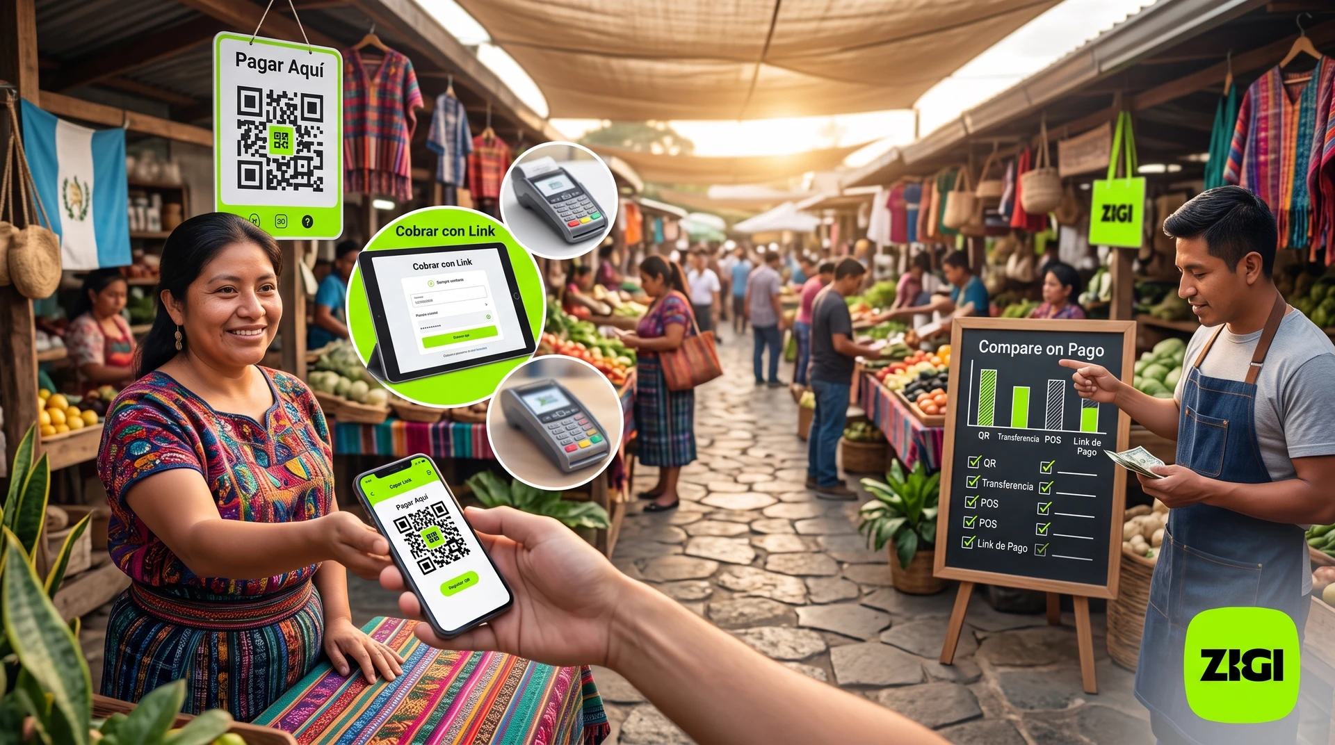 Negocio en Guatemala cobrando desde el celular como alternativa a la terminal POS bancaria.