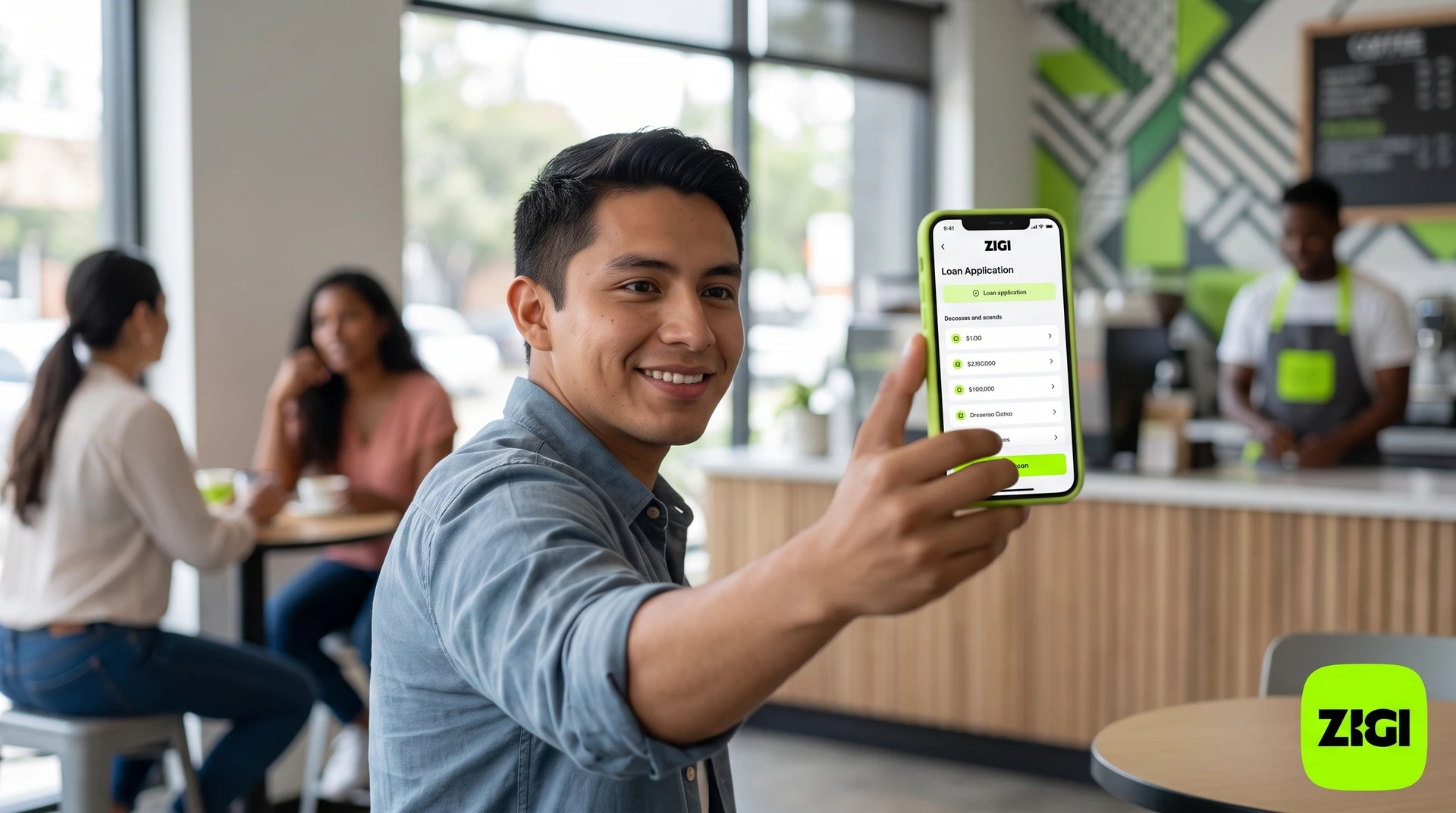 Préstamo instantáneo en Zigi con selfie, mostrando el proceso y la interfaz de la app en un smartphone.