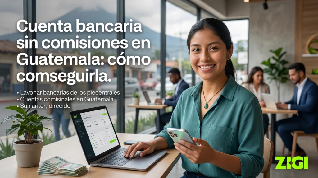 Cuenta bancaria sin comisiones en Guatemala, con iconos de ahorro y banca digital, ideal para guiar a usuarios.