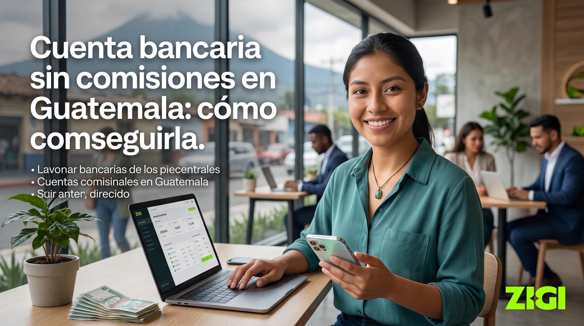 Cuenta bancaria sin comisiones en Guatemala, con iconos de ahorro y banca digital, ideal para guiar a usuarios.